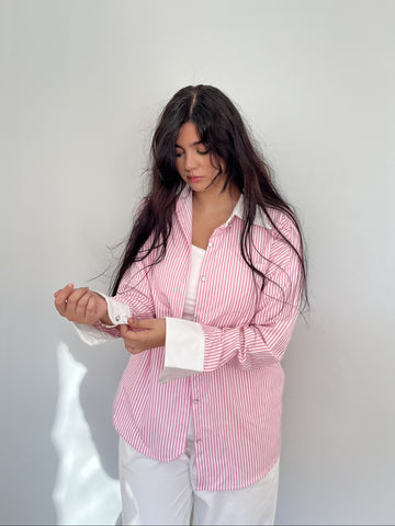Pink Striped Contrast Collar Shirt