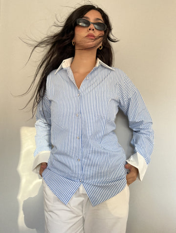 Blue Striped Contrast Collar Shirt
