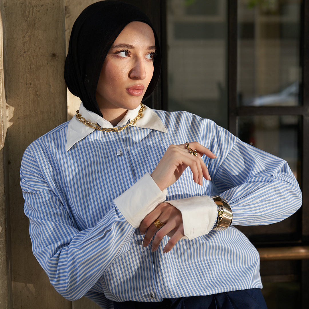 Blue Striped Contrast Collar Shirt