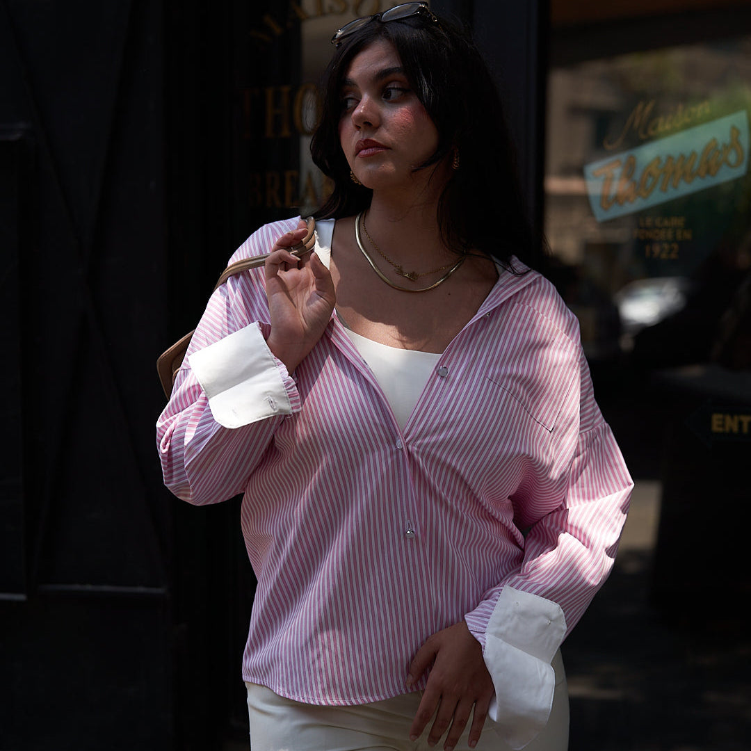 Pink Striped Contrast Collar Shirt
