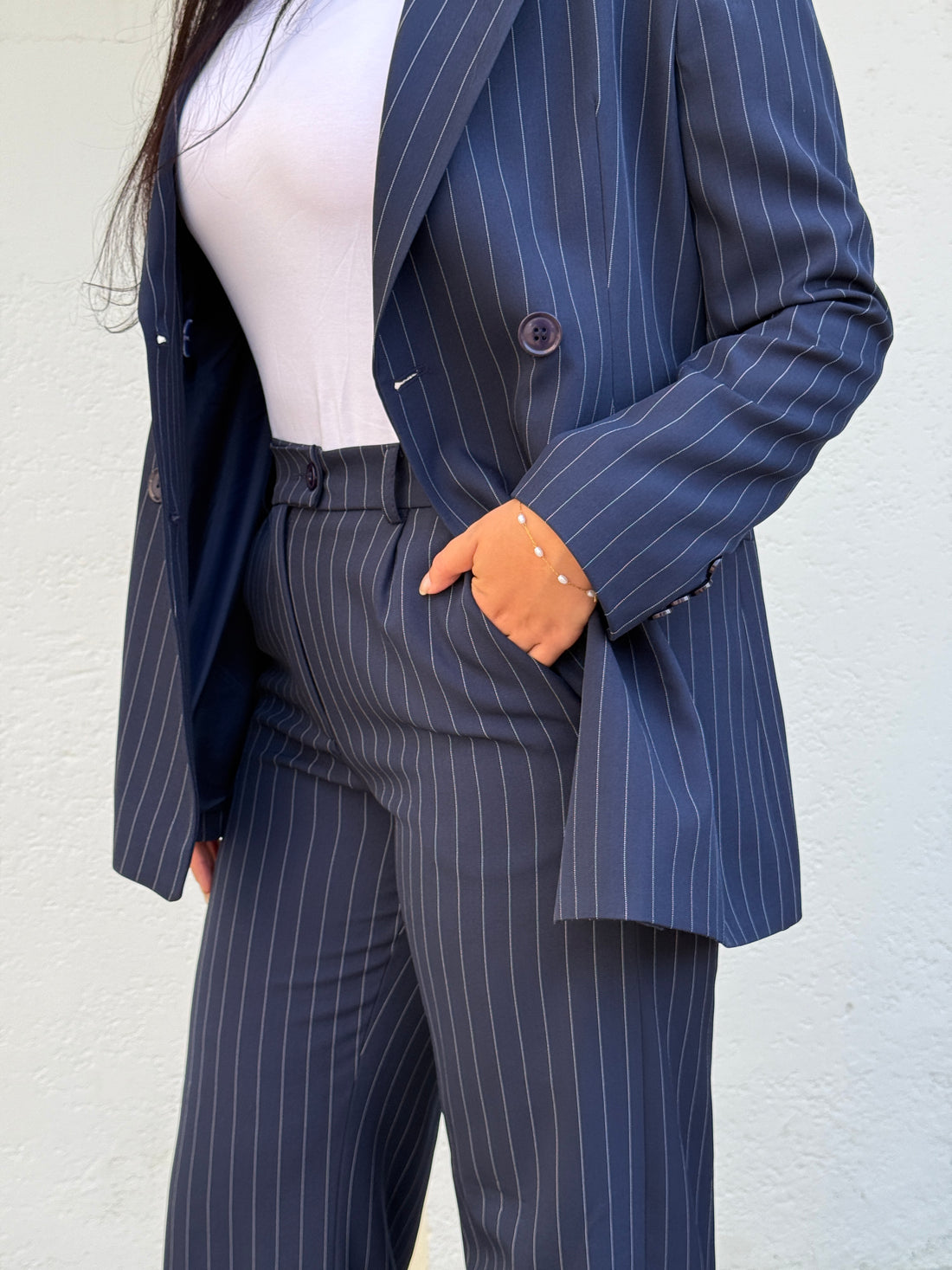 Navy Blue Pinstripe Pants