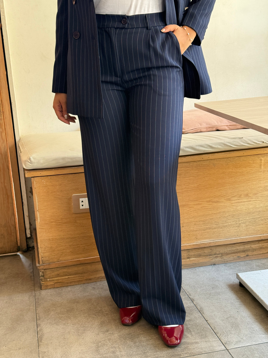 Navy Blue Pinstripe Pants