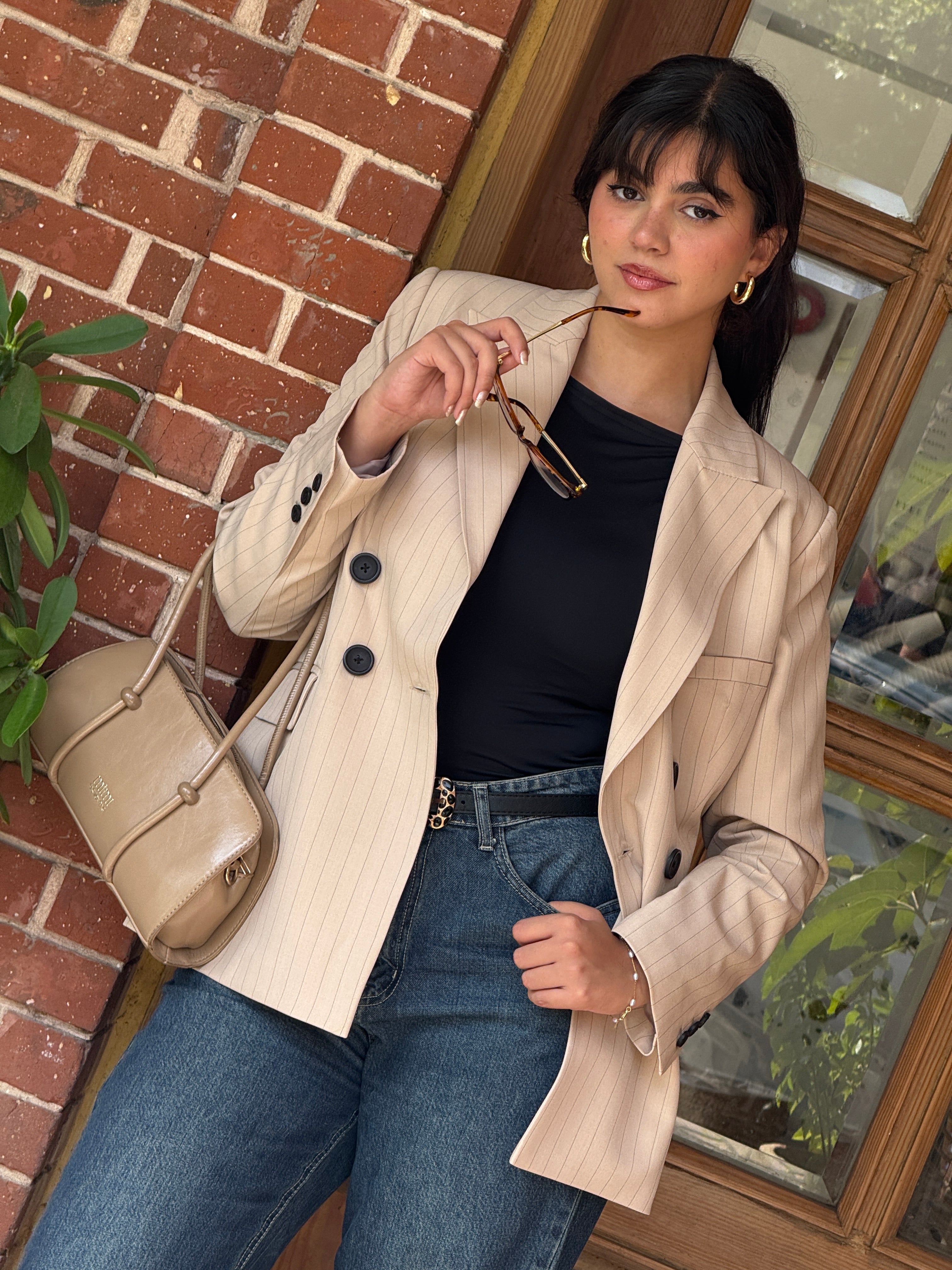 Cream Beige Pinstripe Blazer