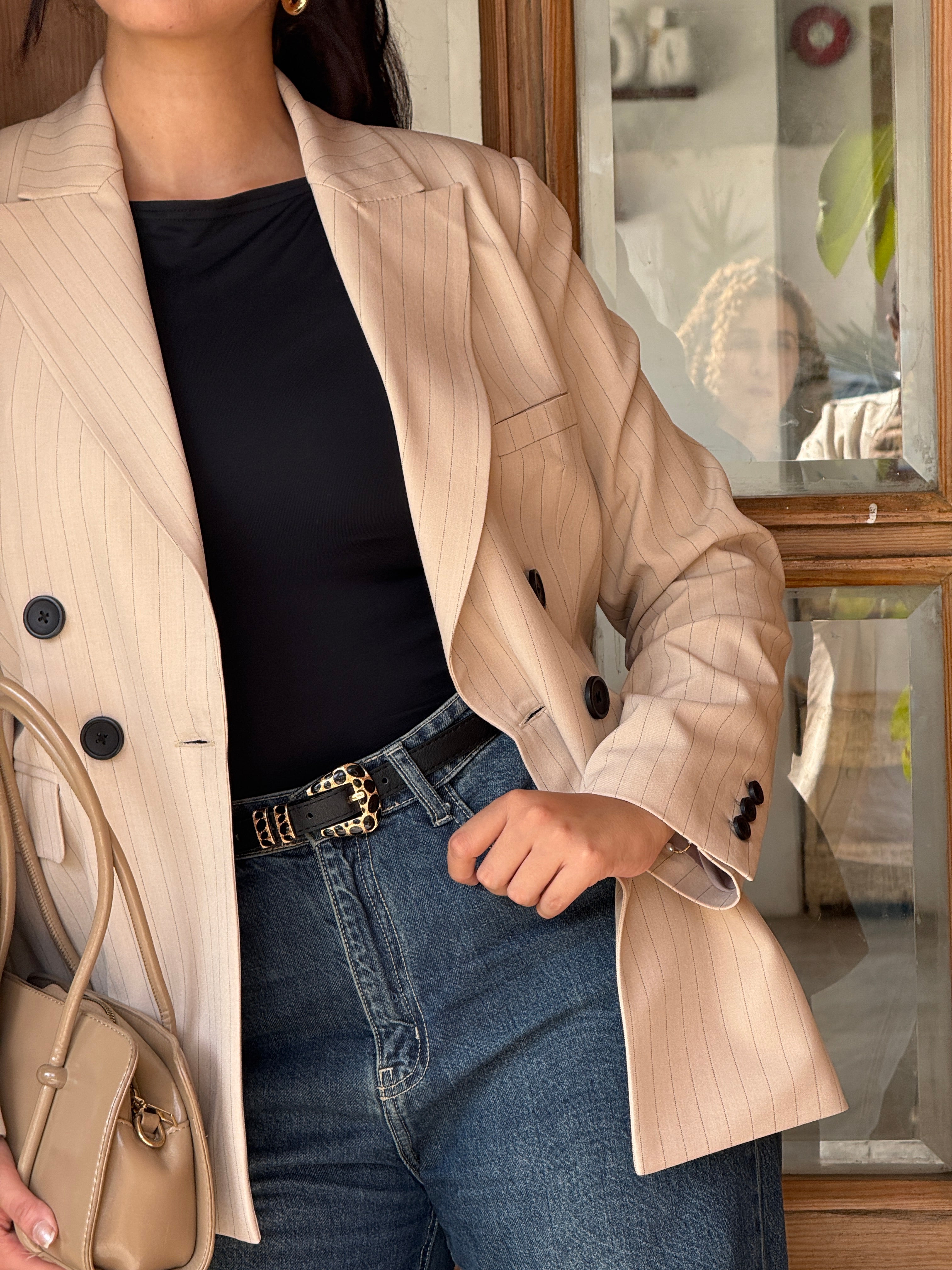 Cream Beige Pinstripe Blazer