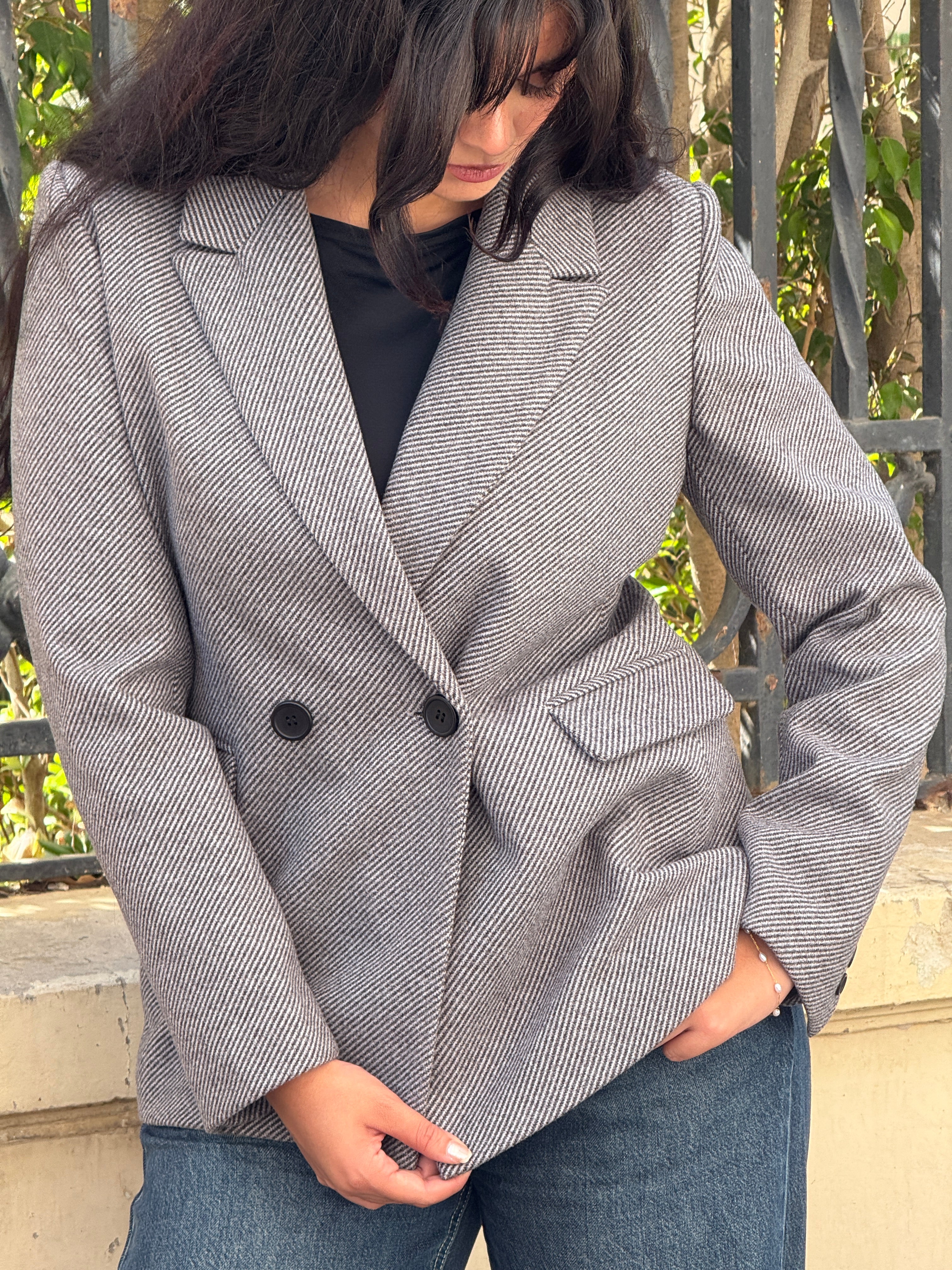 Grey Slanted Pinstripe Blazer