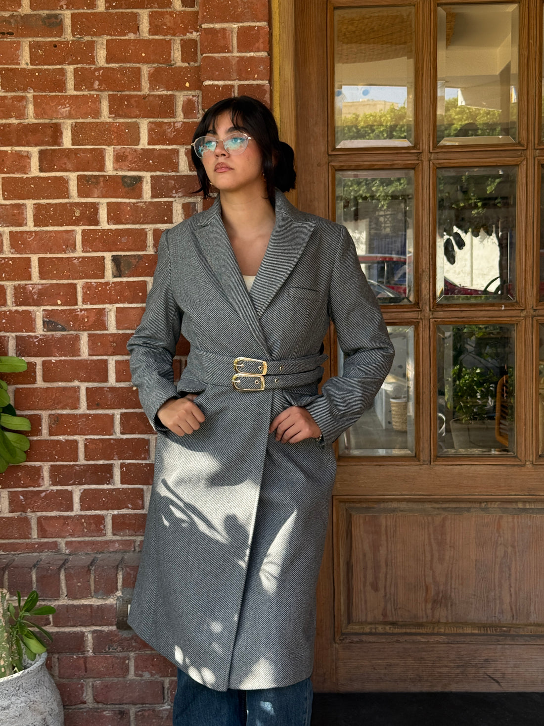 Grey Slanted Pinstripe Wool Coat