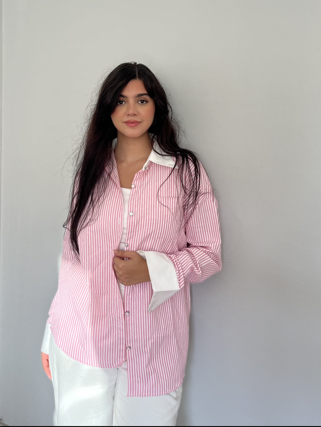 Pink Striped Contrast Collar Shirt
