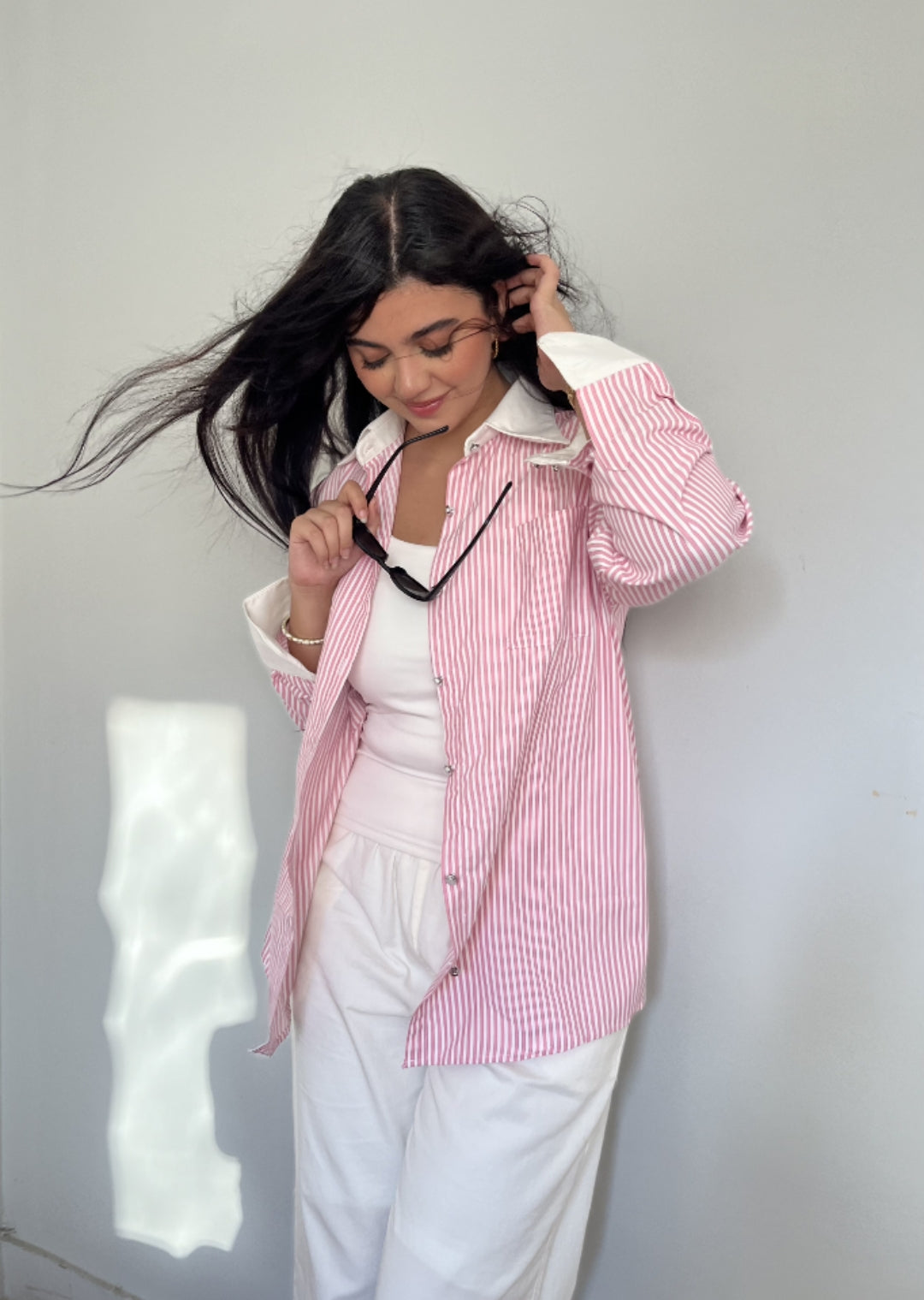 Pink Striped Contrast Collar Shirt