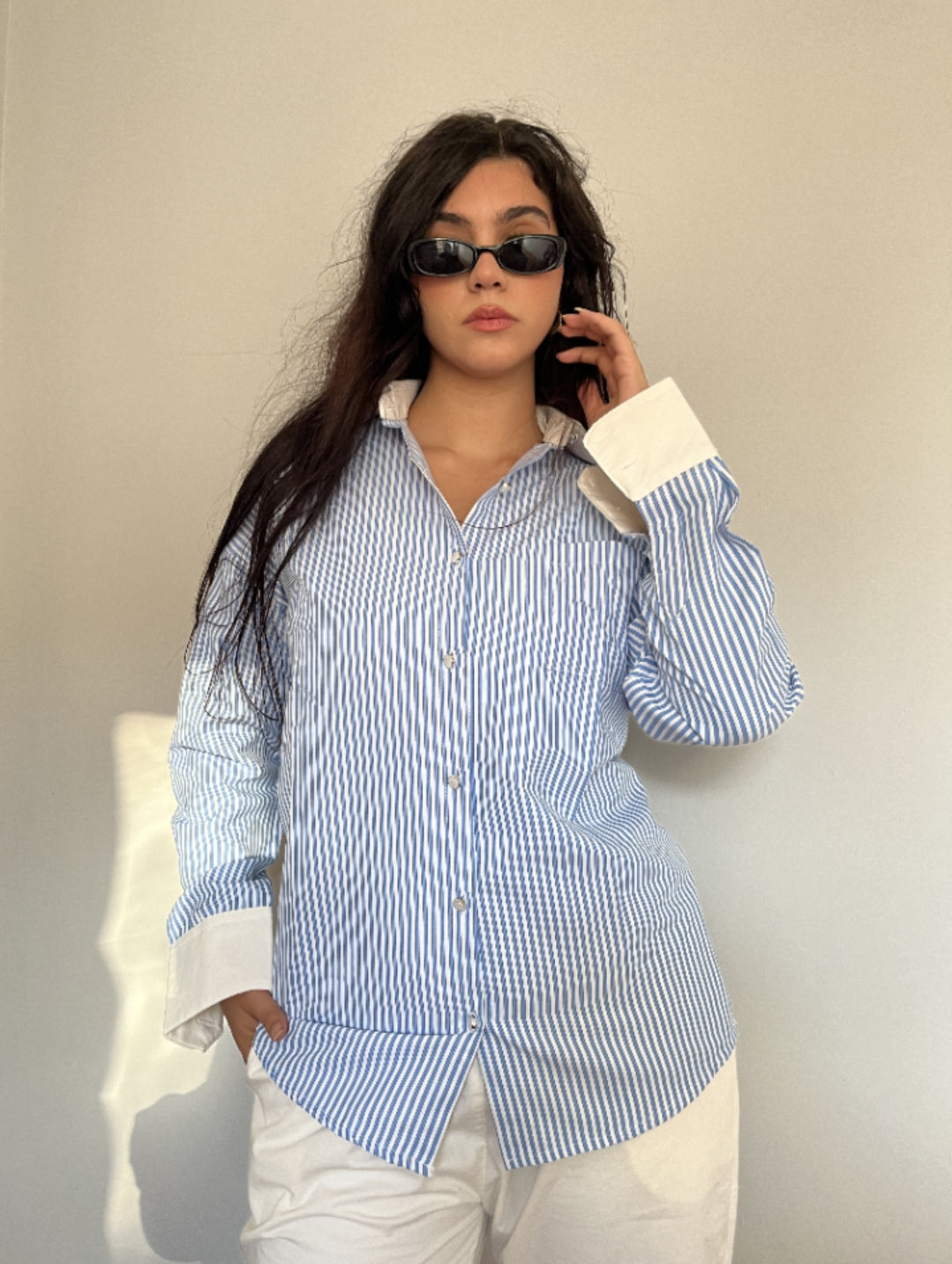 Blue Striped Contrast Collar Shirt