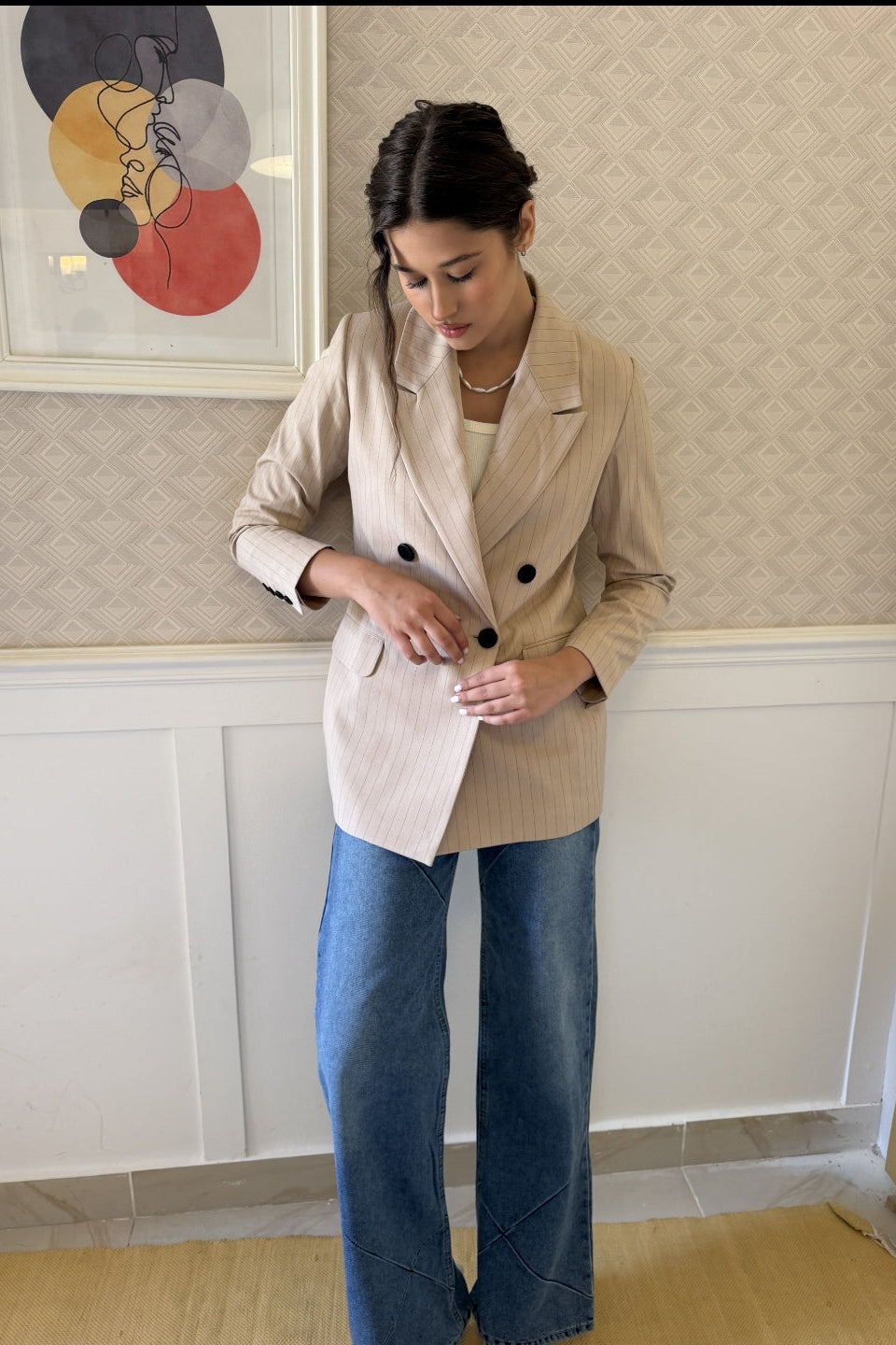 Cream Beige Pinstripe Blazer