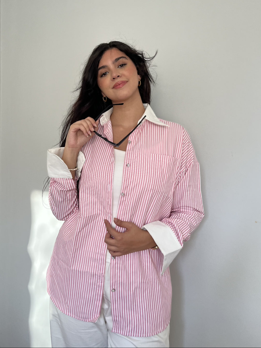 Pink Striped Contrast Collar Shirt