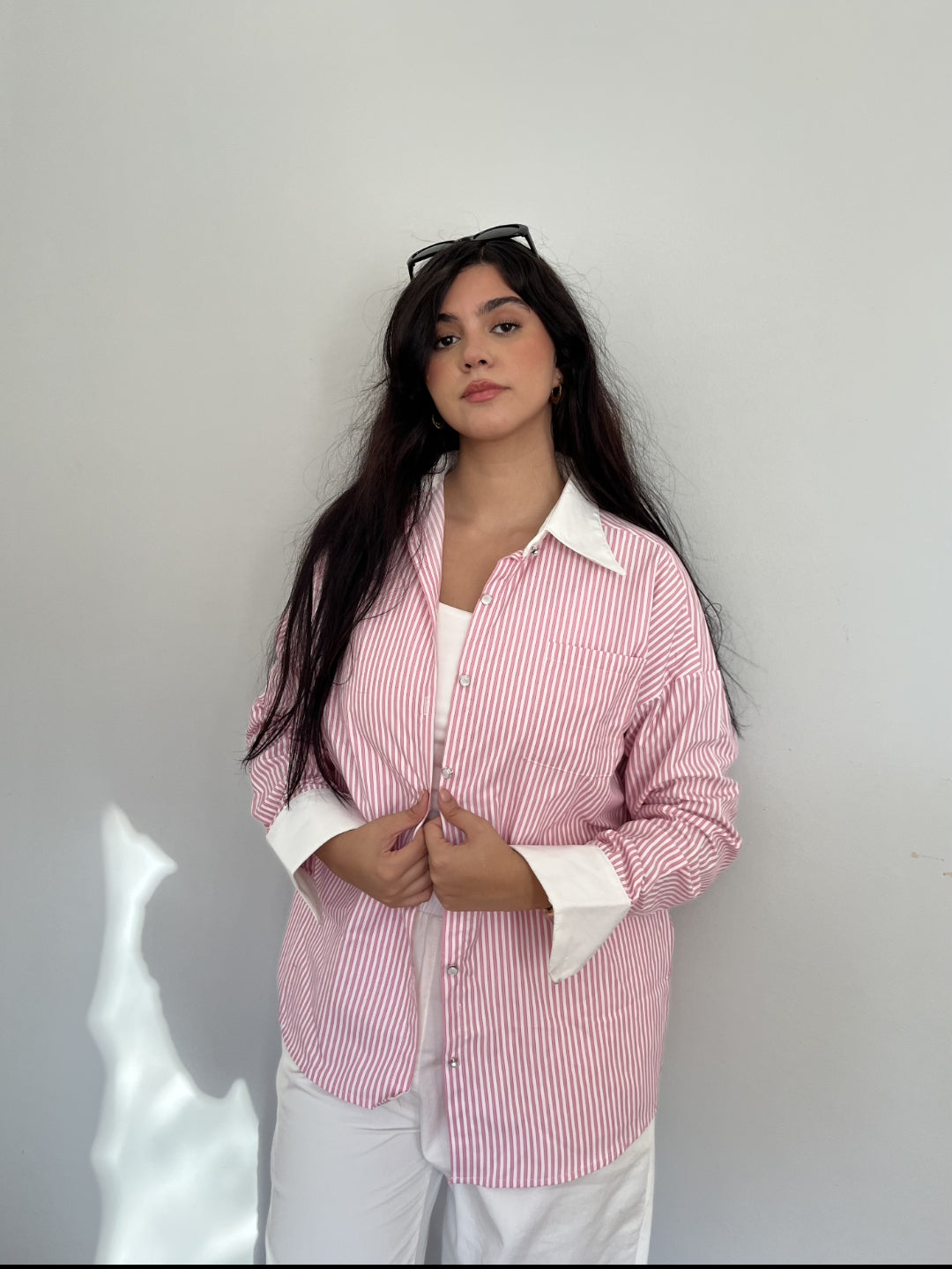 Pink Striped Contrast Collar Shirt
