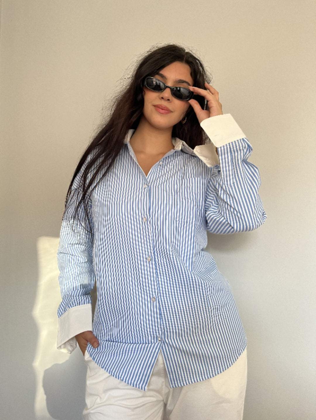 Blue Striped Contrast Collar Shirt