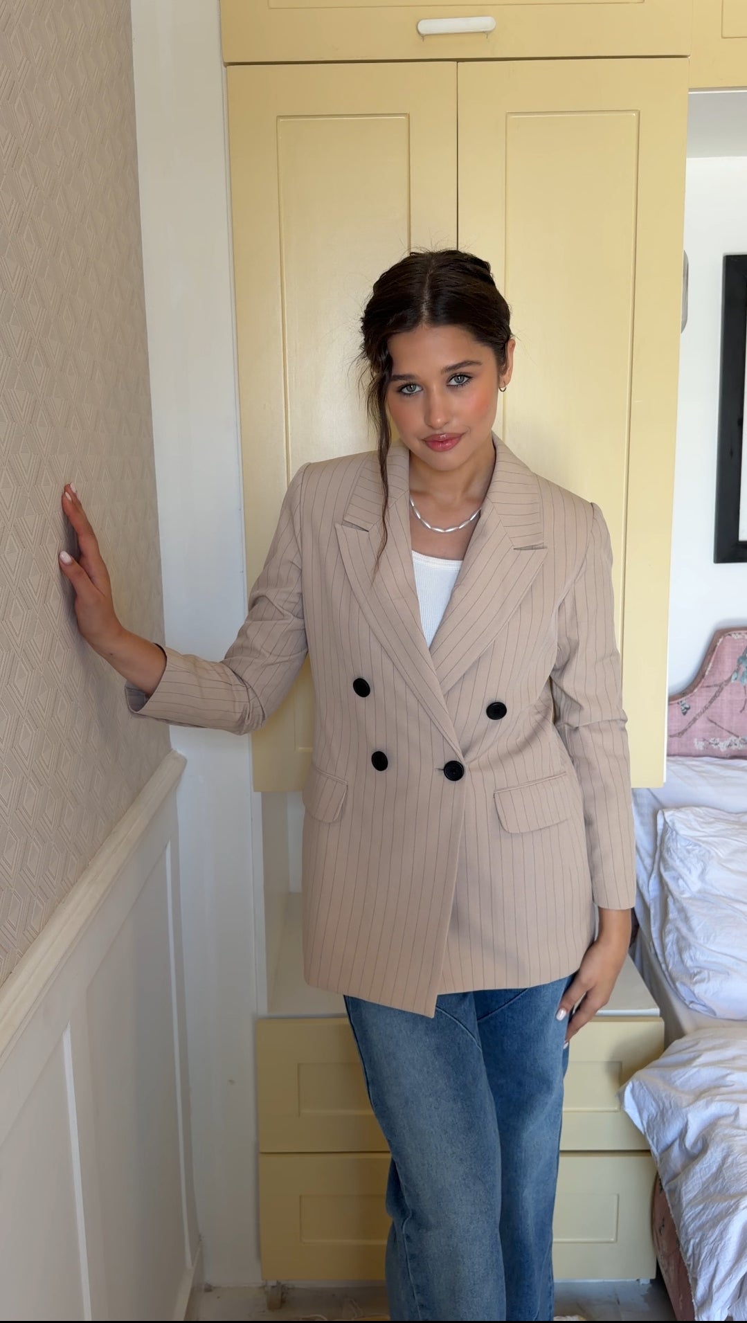 Cream Beige Pinstripe Blazer