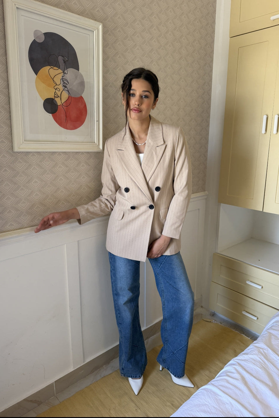 Cream Beige Pinstripe Blazer