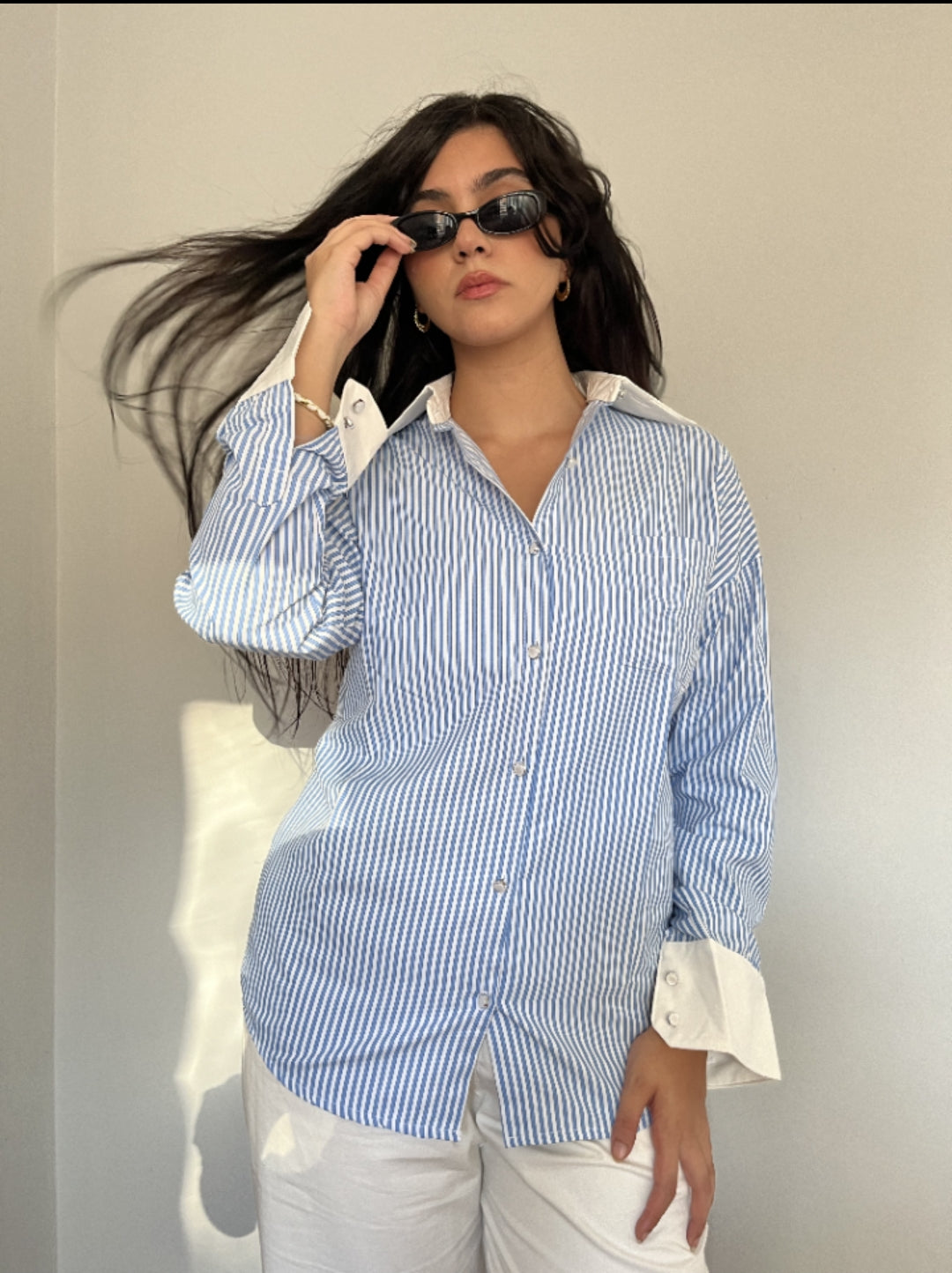 Blue Striped Contrast Collar Shirt